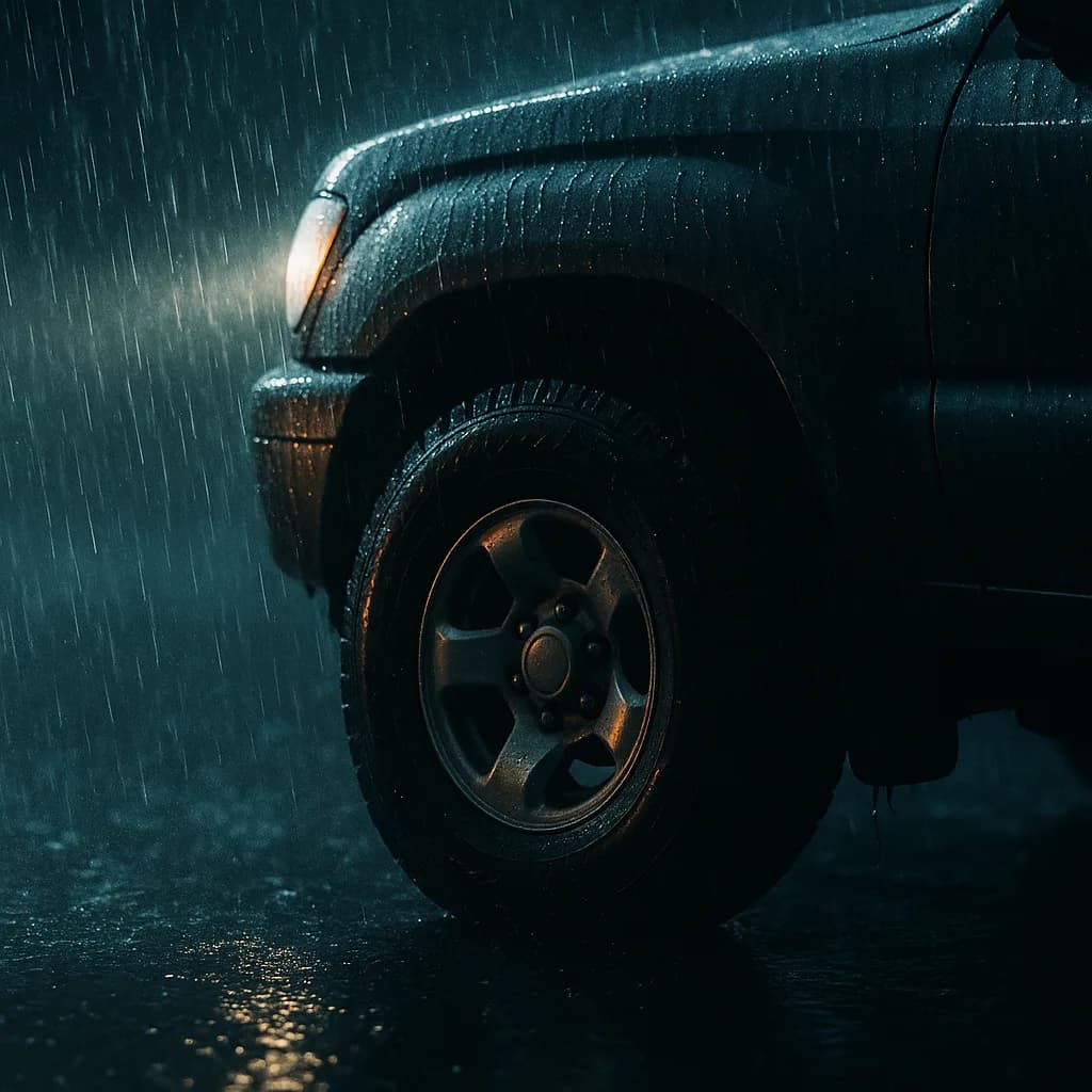 Classic car front fender and wheel in rain at night with dramatic lighting and water droplets