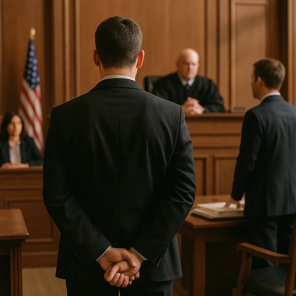 Two men in suits standing before a judge in a formal courtroom with American flag and wood paneling