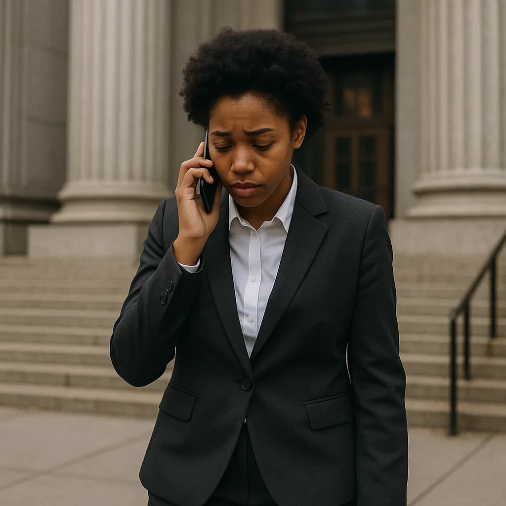 Professional woman in business suit talking on phone outside courthouse with columns in background