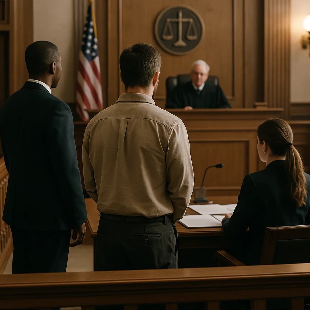 Two men standing before a judge in a courtroom during legal proceedings