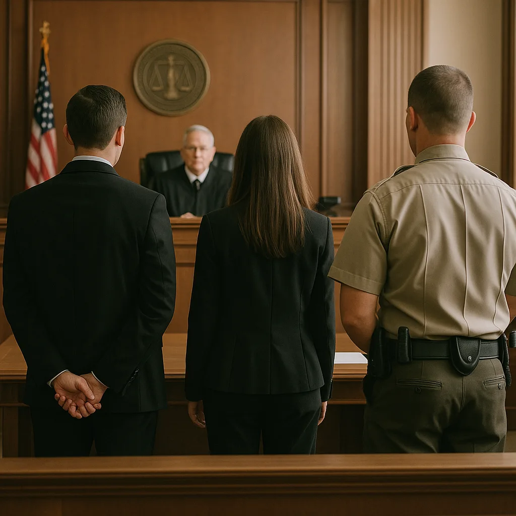 Three people standing before a judge in a courtroom with American flag and scales of justice emblem