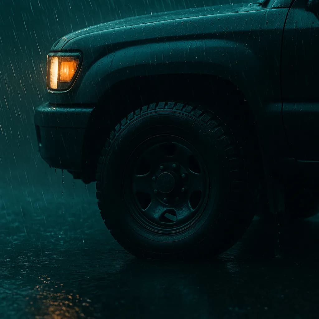 Dark teal truck with glowing orange side light in heavy rain at night