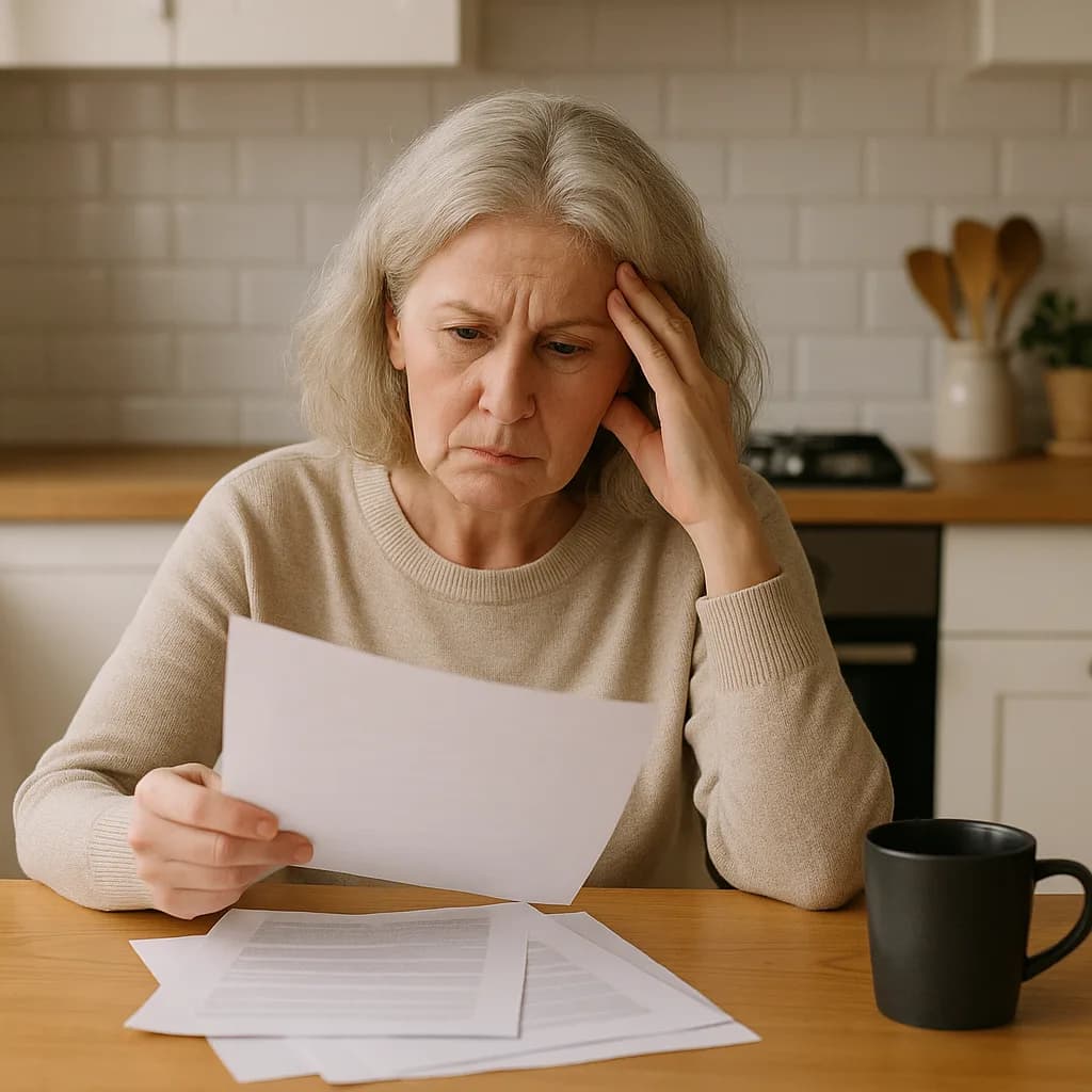 Worried woman reviewing bills and financial documents at kitchen table with stressed expression