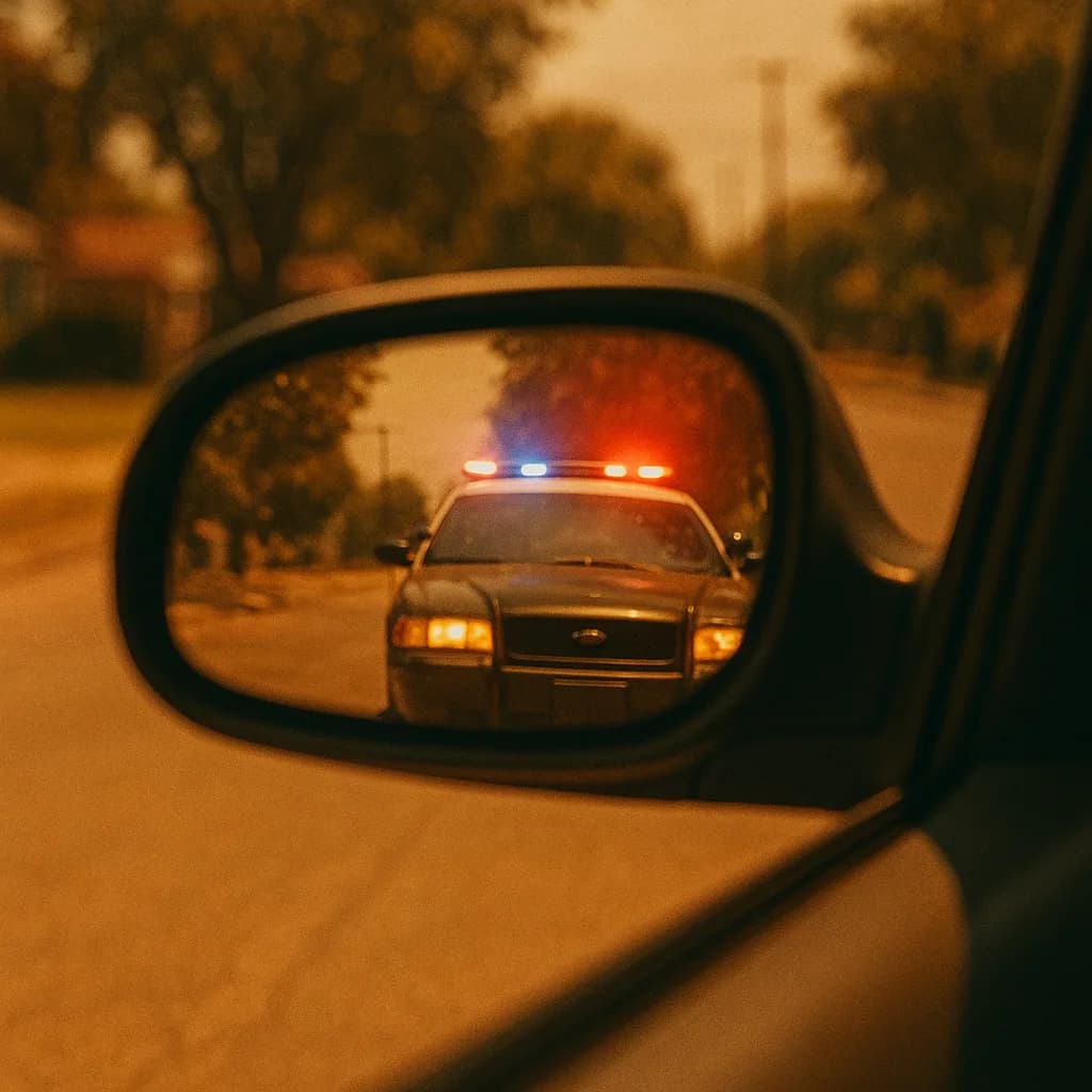 Police car with flashing lights reflected in car's side mirror on tree-lined road