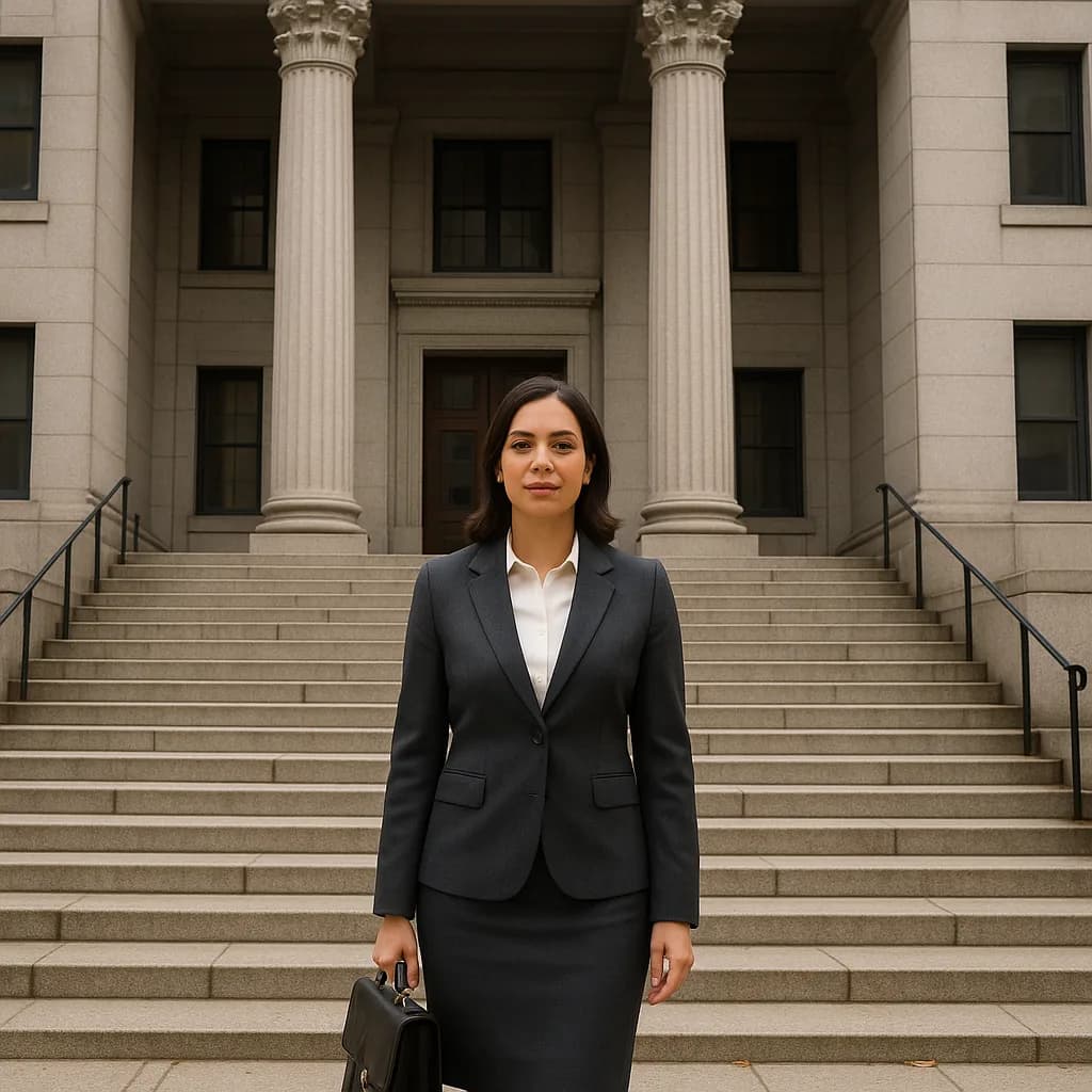 Professional woman in business suit standing in front of courthouse with classical columns