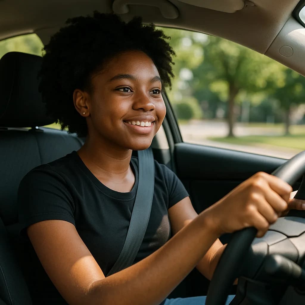 Smiling young woman with curly hair sitting in driver's seat of car on sunny day