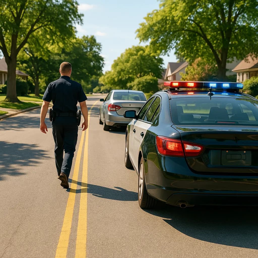 Police officer conducting traffic stop on residential street with patrol car's emergency lights activated